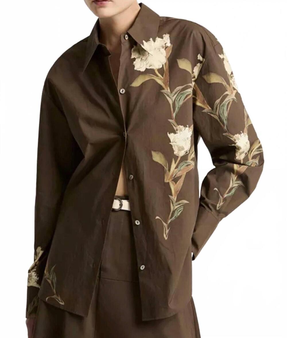 NEW THEORY placement print button front shirt in brown